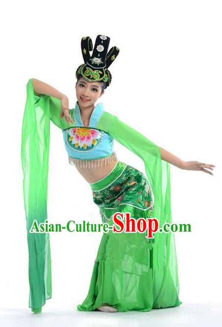 Traditional Chinese Classical Dance Flying Dance Water Sleeve Costume, Folk Dance Drum Dance Uniform Yangko Green Dress for Women