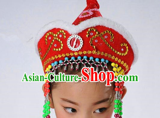 Traditional Chinese Mongol Nationality Dance Headwear, Chinese Mongolian Minority Nationality Folk Dancing Red Hat for Kids