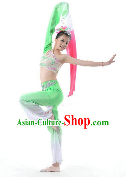 Traditional Chinese Classical Dance Water-sleeve Costume, Folk Dance Drum Dance Uniform Yangko Green Dress for Women