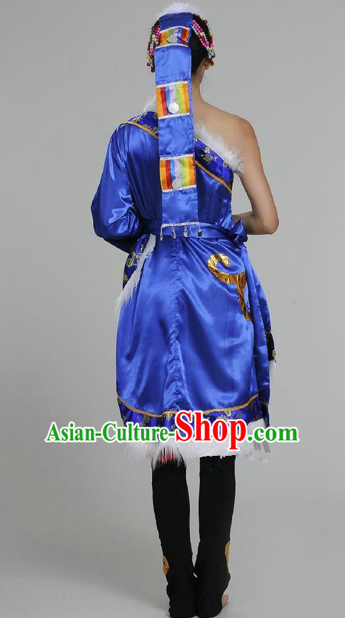 Traditional Chinese Zang Nationality Dancing Costume, Tibetan Female Folk Dance Dress, Chinese Tibetan Minority Nationality Blue Clothing for Women