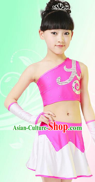 Chinese Modern Dance Costume, Children Opening Classic Chorus Singing Group Uniforms, Modern Dance Pink Gym Suit for Girls Kids