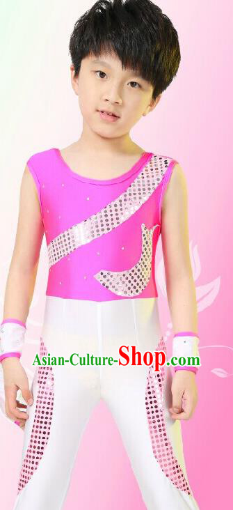 Chinese Modern Dance Costume, Children Opening Classic Chorus Singing Group Uniforms, Modern Dance Pink Gym Suit for Boys Kids
