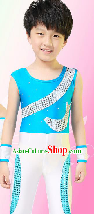 Chinese Modern Dance Costume, Children Opening Classic Chorus Singing Group Uniforms, Modern Dance Blue Gym Suit for Boys Kids