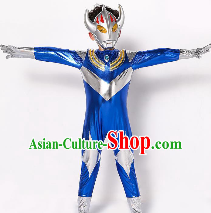 Chinese Modern Dance Costume, Children Cosplay Ultraman Uniforms, Halloween Party Blue Suit for Boys Kids