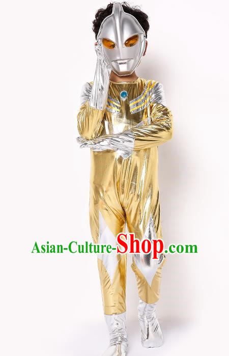 Chinese Modern Dance Costume, Children Cosplay Ultraman Uniforms, Halloween Party Golden Suit for Boys Kids