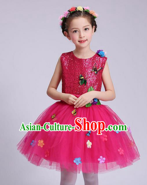 Chinese Modern Dance Compere Performance Costume, Children Opening Dance Chorus Dress, Classic Dance Pink Veil Bubble Dress for Girls Kids