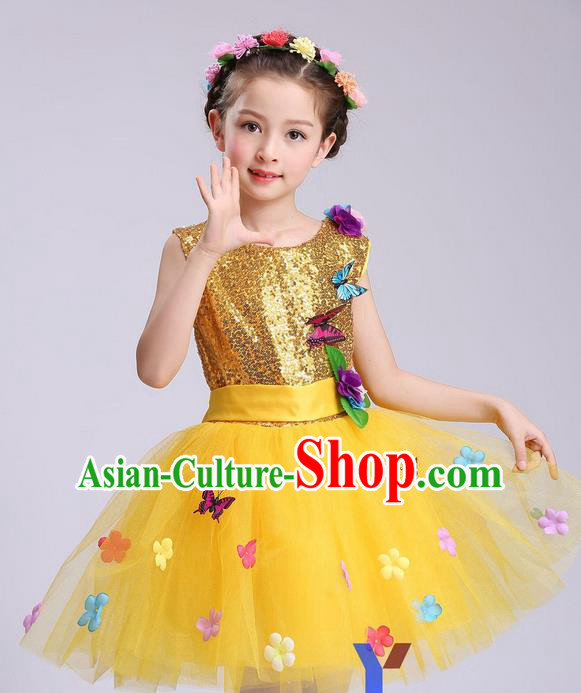 Chinese Modern Dance Compere Performance Costume, Children Opening Dance Chorus Dress, Classic Dance Yellow Veil Bubble Dress for Girls Kids