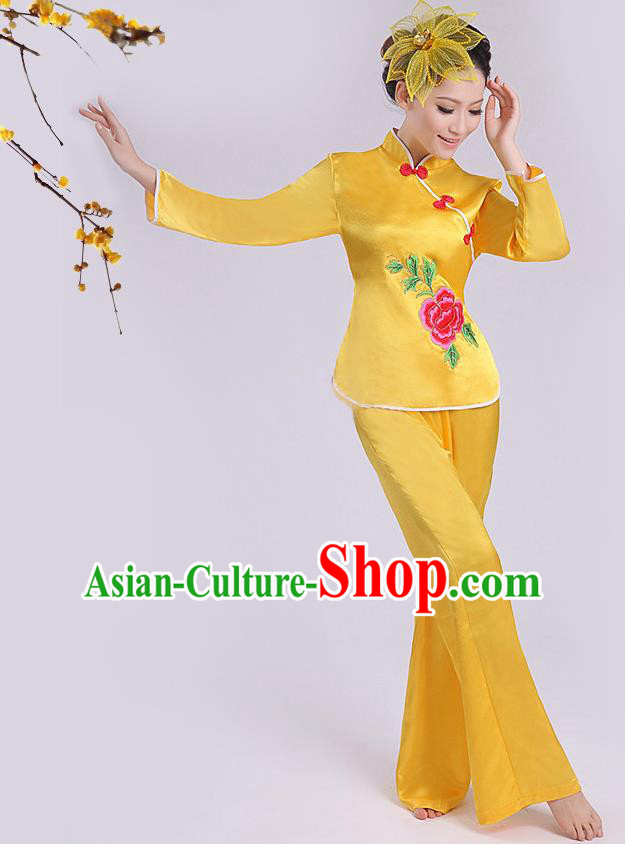 Traditional Chinese Yangge Fan Dancing Costume, Folk Dance Yangko Costume Drum Dance Yellow Clothing for Women