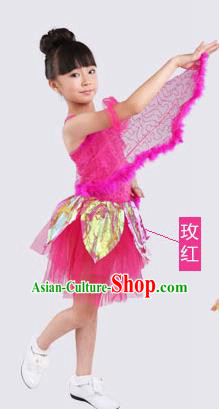 Top Compere Performance Catwalks Costume, Children Chorus Red Dress with Wings, Modern Dance Princess Short Pink Bubble Dress for Girls Kids