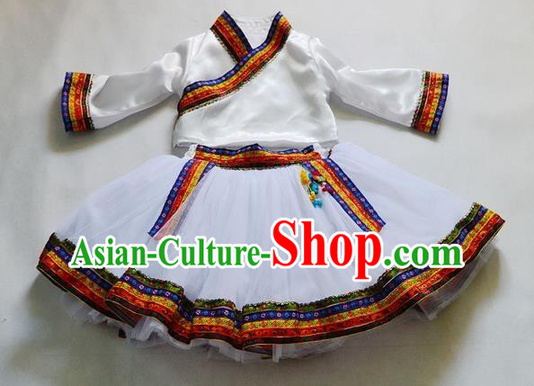 Traditional Chinese Zang Nationality Dancing Costume, Tibetan Children Folk Dance Ethnic Pleated Skirt, Chinese Tibetan Minority White Dress for Kids