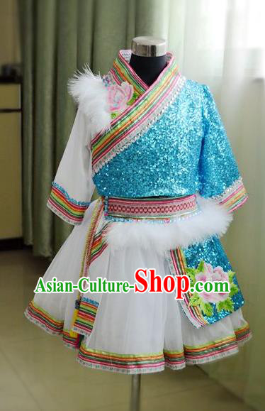 Traditional Chinese Zang Nationality Dancing Costume, Tibetan Children Folk Dance Ethnic Pleated Skirt, Chinese Tibetan Minority Blue Dress for Kids