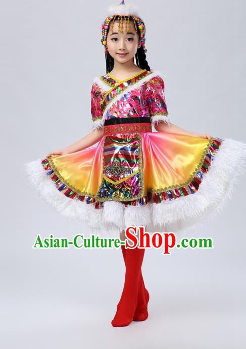 Traditional Chinese Zang Nationality Dancing Costume, Tibetan Children Folk Dance Ethnic Pleated Skirt, Chinese Tibetan Minority Pink Dress for Kids