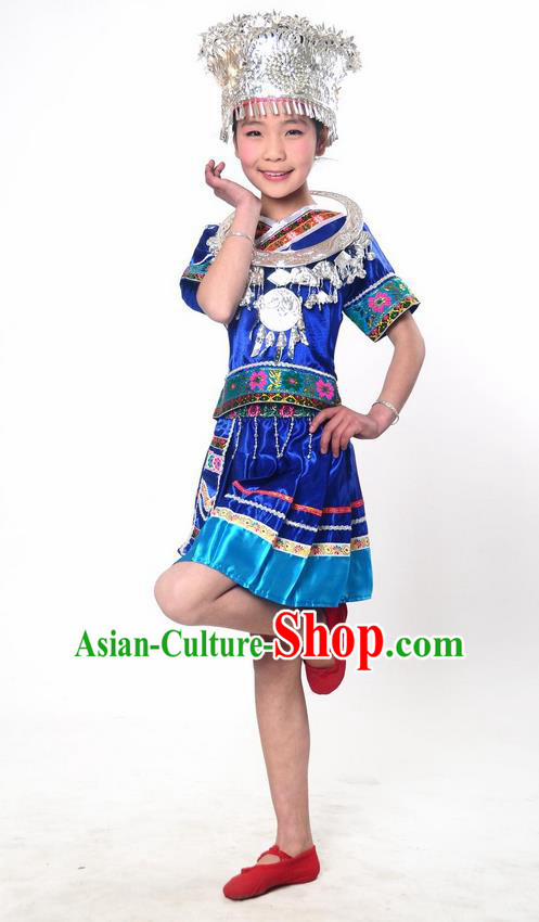 Traditional Chinese Miao Nationality Dancing Costume, Hmong Children Folk Dance Ethnic Pleated Skirt, Chinese Miao Minority Embroidery Blue Clothing for Kids