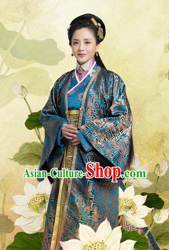 Traditional Chinese Ancient Song Dynasty Imperial Consort Costume and Headpiece Complete Set, Chinese Teleplay Flower Shabana Flyings Sky Senior Concubine Embroidered Dress for Women