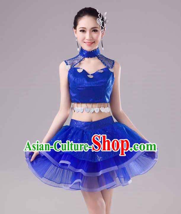 Traditional Chinese Modern Dance Costume, Women Opening Dance Chorus Group Uniforms Short Paillette Blue Bubble Dress for Women