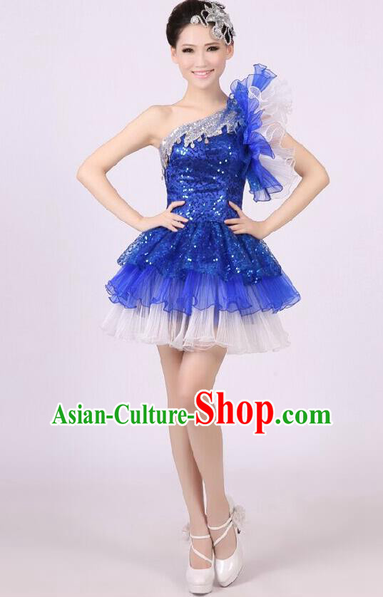 Traditional Chinese Modern Dance Costume, Women Opening Dance Chorus Group Uniforms One-shoulder Short Blue Bubble Dress for Women