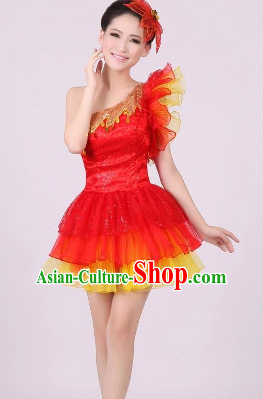 Traditional Chinese Modern Dance Costume, Women Opening Dance Chorus Group Uniforms One-shoulder Short Red Bubble Dress for Women