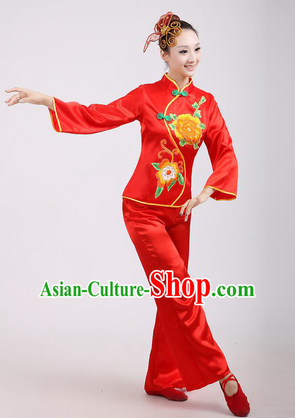 Traditional Chinese Classical Dance Yangge Fan Dance Costume, Folk Dance Drum Dance Peony Uniform Yangko Red Clothing for Women