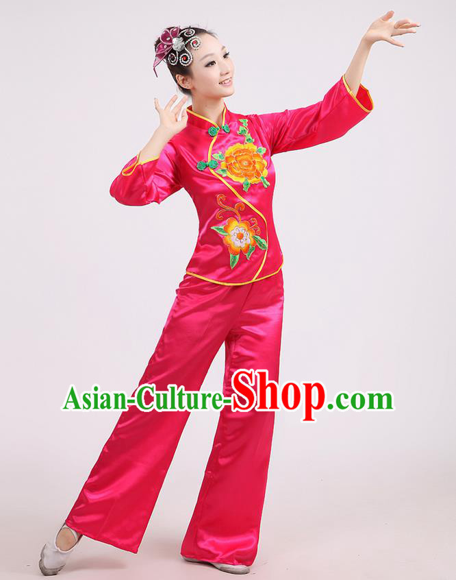 Traditional Chinese Classical Dance Yangge Fan Dance Costume, Folk Dance Drum Dance Peony Uniform Yangko Rose Clothing for Women