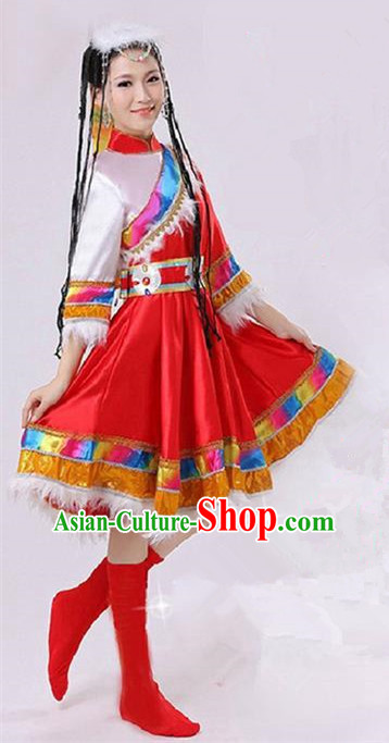 Traditional Chinese Zang Nationality Dancing Costume, Tibetan Female Folk Dance Ethnic Pleated Skirt, Chinese Tibetan Minority Red Dress for Women