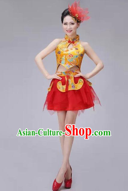 Traditional Chinese Modern Dance Costume, China Style Women Opening Dance Chorus Group Uniforms Short Golden Bubble Dress for Women