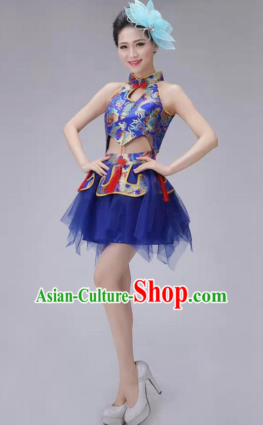 Traditional Chinese Modern Dance Costume, China Style Women Opening Dance Chorus Group Uniforms Short Blue Bubble Dress for Women