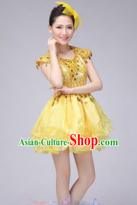 Traditional Chinese Modern Dance Costume, China Style Women Opening Dance Chorus Group Uniforms Golden Paillette Short Bubble Dress for Women