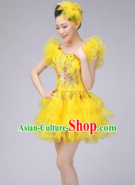 Traditional Chinese Modern Dance Costume, Women Opening Dance Chorus Group Uniforms Short Yellow Bubble Dress for Women