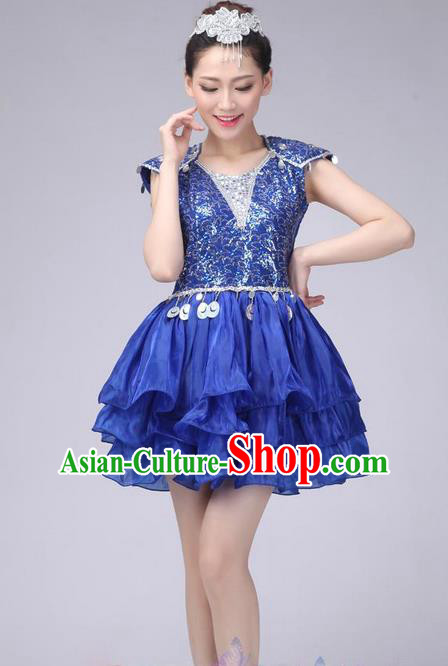 Traditional Chinese Modern Dance Costume, China Style Women Opening Dance Chorus Group Uniforms Blue Paillette Short Bubble Dress for Women