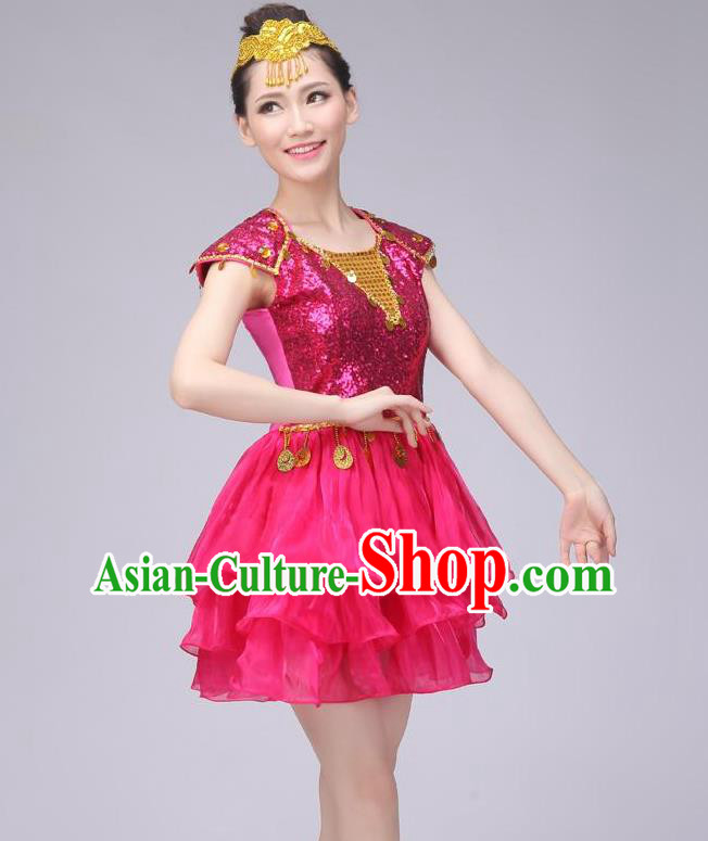 Traditional Chinese Modern Dance Costume, China Style Women Opening Dance Chorus Group Uniforms Rose Paillette Short Bubble Dress for Women