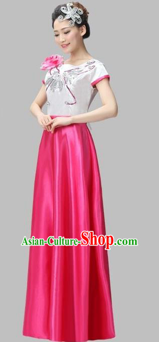 Top Grade Professional Compere Modern Dance Costume, Women Opening Dance Chorus Singing Group Uniforms Rose Long Dress for Women