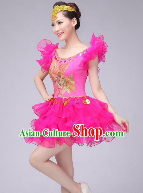 Traditional Chinese Modern Dance Costume, Women Opening Dance Chorus Group Uniforms Short Pink Bubble Dress for Women