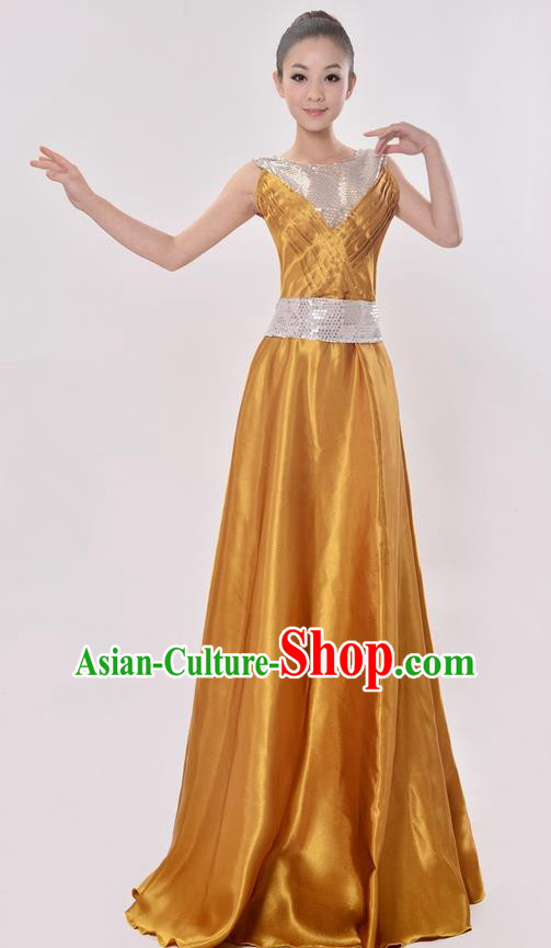 Top Grade Professional Compere Modern Dance Costume, Women Opening Dance Chorus Singing Group Uniforms Golden Paillette Long Dress for Women