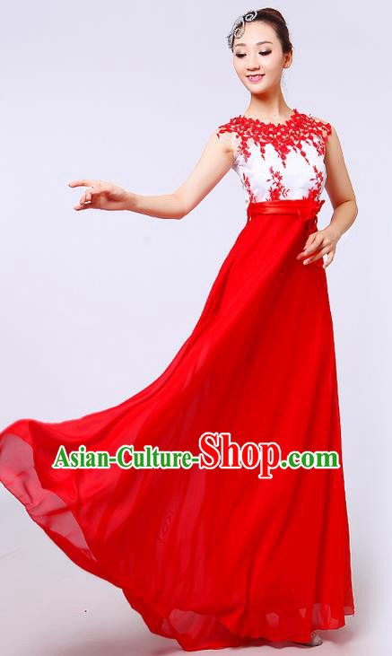 Top Grade Professional Compere Modern Dance Costume, Women Opening Dance Chorus Singing Group Uniforms Red Lace Long Dress for Women