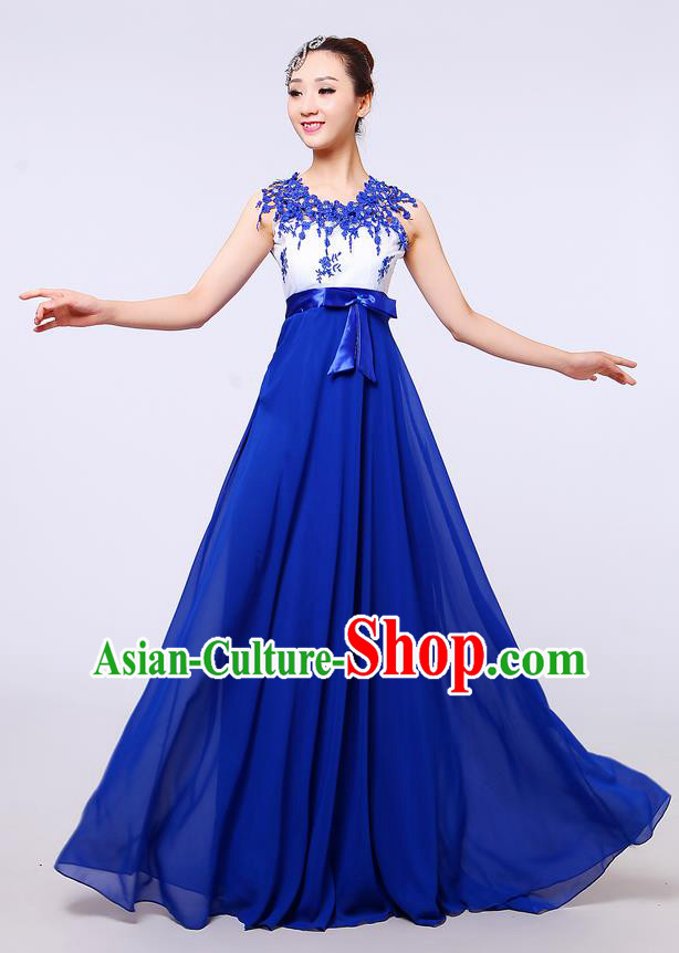 Top Grade Professional Compere Modern Dance Costume, Women Opening Dance Chorus Singing Group Uniforms Blue Lace Long Dress for Women