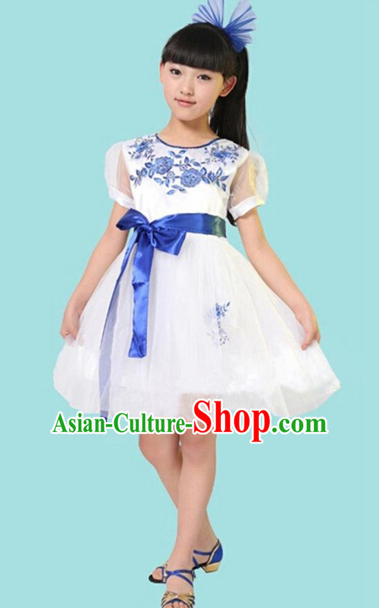 Top Grade Professional Performance Catwalks Costume, Children Chorus Full Dress Modern Dance Little Princess White Bubble Dress for Girls Kids