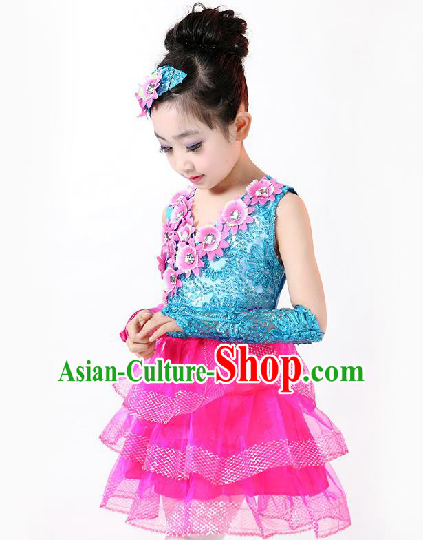 Top Grade Professional Performance Catwalks Costume, Children Chorus Full Dress Modern Dance Little Princess Paillette Pink Bubble Dress for Girls Kids