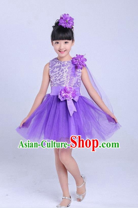 Top Grade Professional Performance Catwalks Costume, Children Chorus Modern Dance Purple Paillette Bubble Dress for Girls Kids