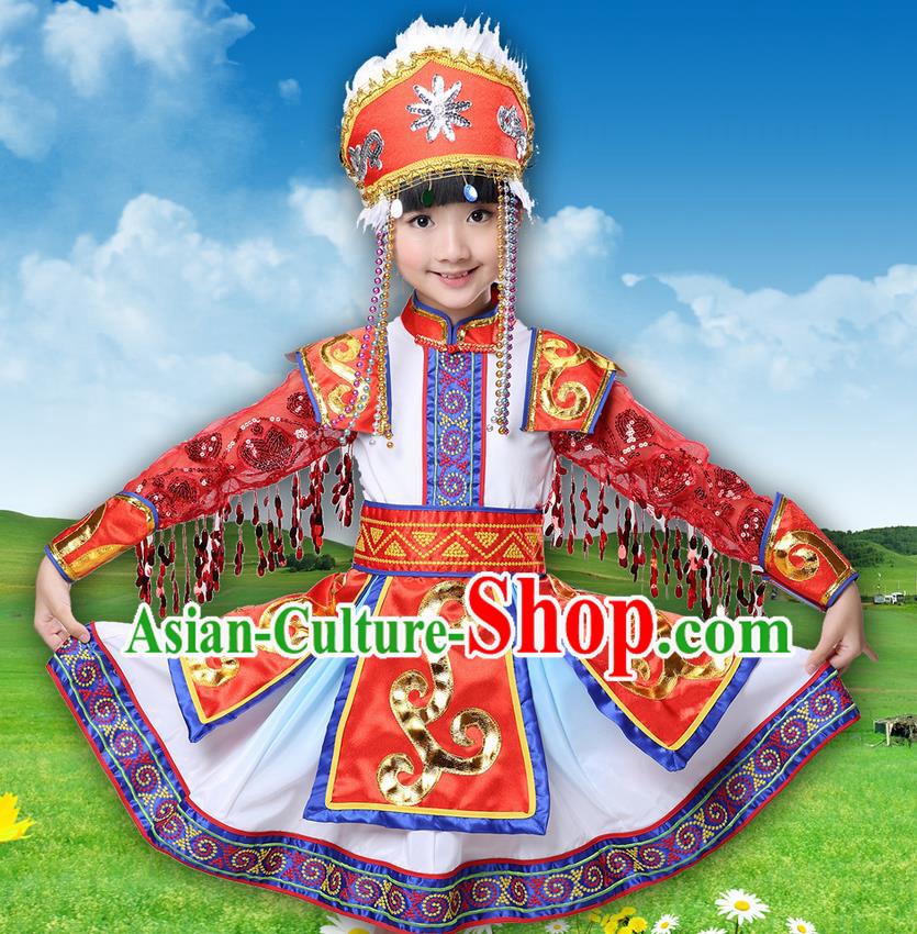Traditional Chinese Mongol Nationality Dancing Costume, Mongols Children Princess Folk Dance Ethnic Pleated Skirt, Chinese Mongolian Minority Costume for Kids