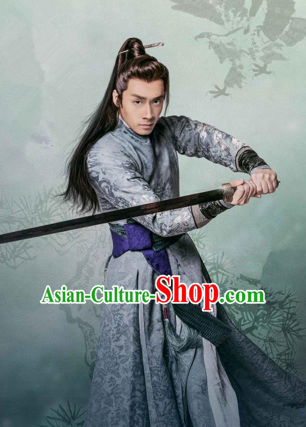 Traditional Chinese Song Dynasty Swordsman Dandies Costume and Handmade Headpiece Complete Set, China Ancient Chivalrous Expert Clothing for Men