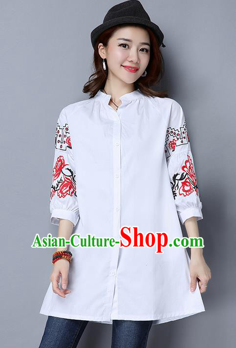 Traditional Chinese National Costume, Elegant Hanfu Embroidery White Shirt, China Tang Suit Chirpaur Blouse Cheong-sam Upper Outer Garment Qipao Shirts Clothing for Women