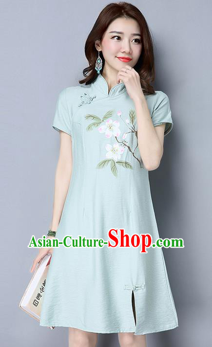 Traditional Ancient Chinese National Costume, Elegant Hanfu Mandarin Qipao Linen Hand Painting Blue Dress, China Tang Suit Chirpaur Republic of China Stand Collar Cheongsam Upper Outer Garment Elegant Dress Clothing for Women