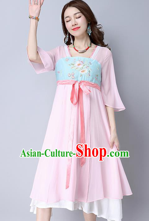 Traditional Ancient Chinese National Costume, Elegant Hanfu Mandarin Qipao Embroidery Pink Dress, China Tang Suit Mandarin Sleeve Chirpaur Republic of China Cheongsam Upper Outer Garment Elegant Dress Clothing for Women