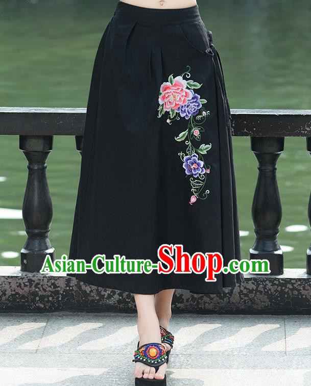 Traditional Ancient Chinese National Pleated Skirt Costume, Elegant Hanfu Linen Embroidery Long Black Skirts, China Tang Suit Bust Skirt for Women