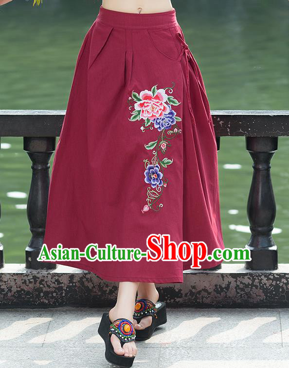 Traditional Ancient Chinese National Pleated Skirt Costume, Elegant Hanfu Linen Embroidery Long Red Skirts, China Tang Suit Bust Skirt for Women