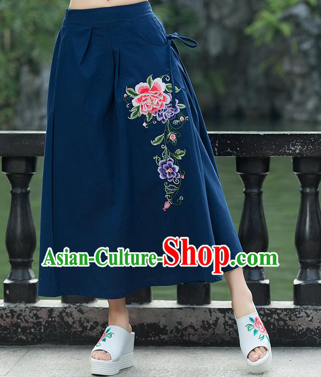 Traditional Ancient Chinese National Pleated Skirt Costume, Elegant Hanfu Linen Embroidery Long Blue Skirts, China Tang Suit Bust Skirt for Women