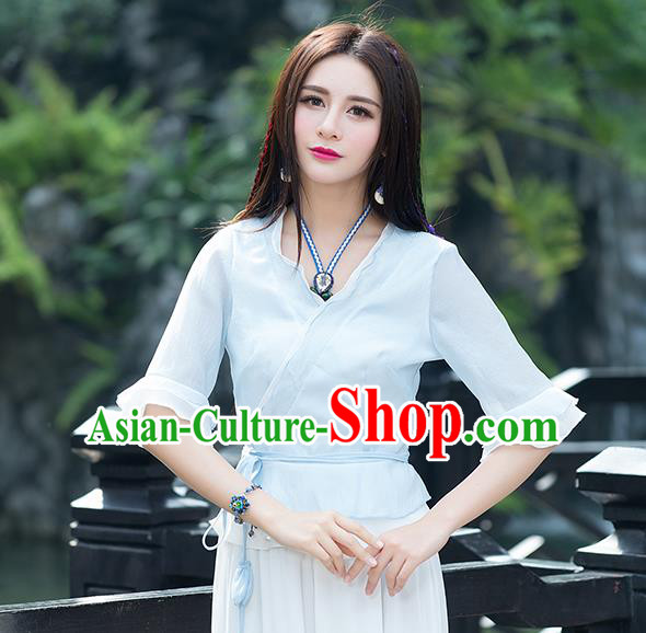 Traditional Chinese National Costume, Elegant Hanfu Mandarin Sleeve Slant Opening Blue T-Shirt, China Tang Suit Republic of China Chirpaur Blouse Cheong-sam Upper Outer Garment Qipao Shirts Clothing for Women