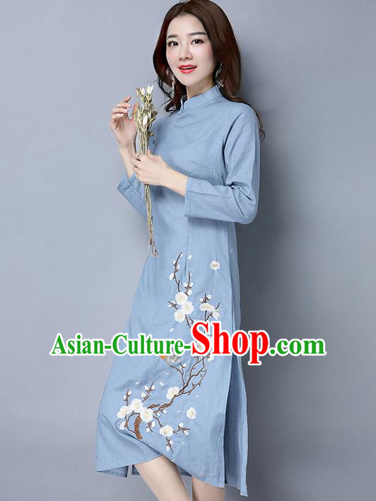 Traditional Ancient Chinese National Costume, Elegant Hanfu Mandarin Qipao Linen Painting Wintersweet Blue Dress, China Tang Suit Stand Collar Chirpaur Republic of China Cheongsam Upper Outer Garment Elegant Dress Clothing for Women