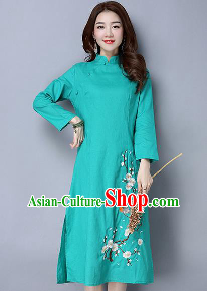 Traditional Ancient Chinese National Costume, Elegant Hanfu Mandarin Qipao Linen Painting Wintersweet Green Dress, China Tang Suit Stand Collar Chirpaur Republic of China Cheongsam Upper Outer Garment Elegant Dress Clothing for Women