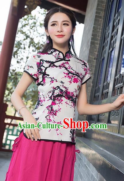 Traditional Chinese National Costume, Elegant Hanfu Ink Painting Slant Opening Pink T-Shirt, China Tang Suit Republic of China Plated Buttons Chirpaur Stand Collar Blouse Cheong-sam Upper Outer Garment Qipao Shirts Clothing for Women